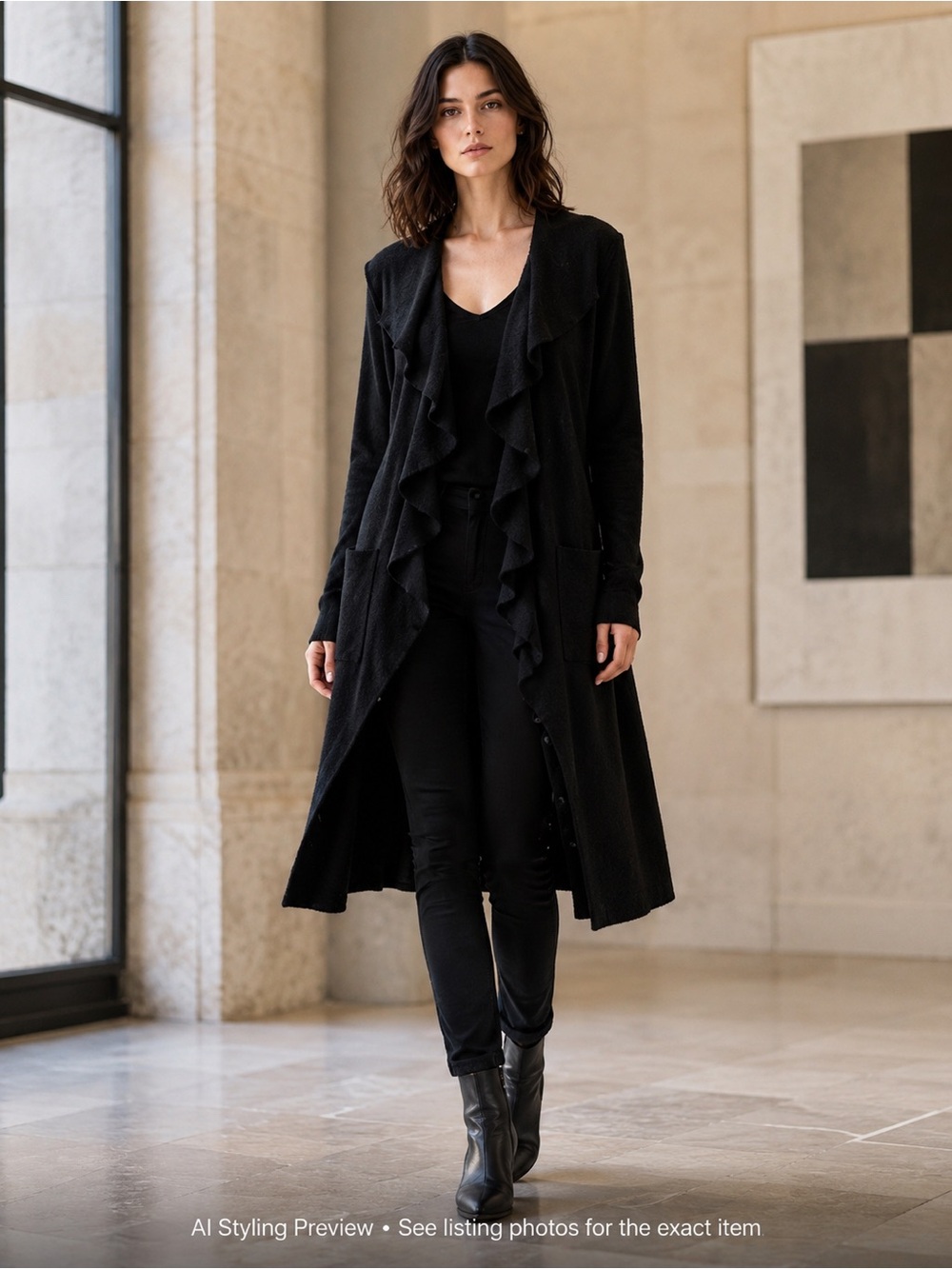 Anne Fontaine Phileas Black Ruffle Wool Duster Coatigan Women’s M / EU 40. AS IS
